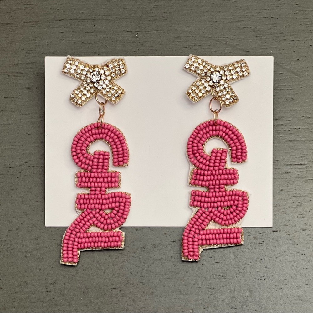 New Baby "Girl" Gender Reveal Pink & Silver Bow Mom Shower Gift Bead 3” Earrings